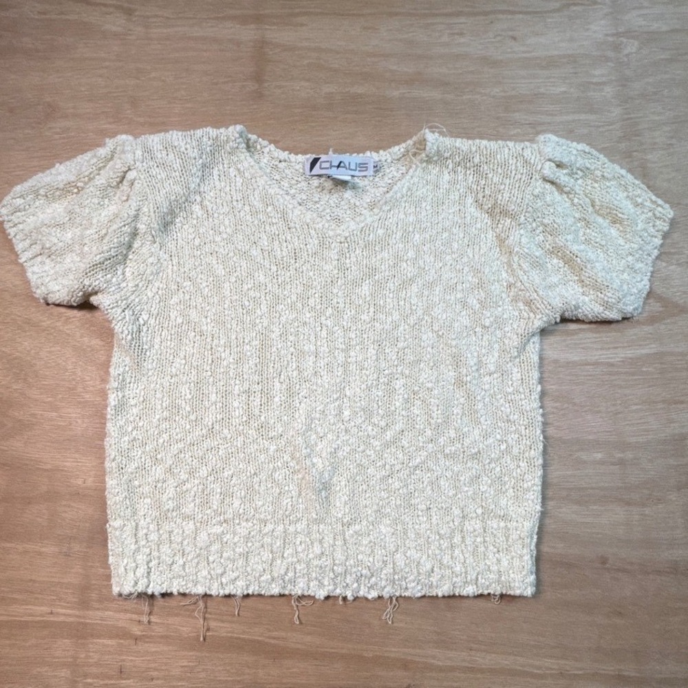 Chaus Knit Top Women S Cream Fair Short Puff Sleeve V-Neck Boucle Vintage